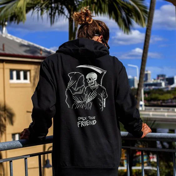 Only True Friend Death Skull Print Hoodie