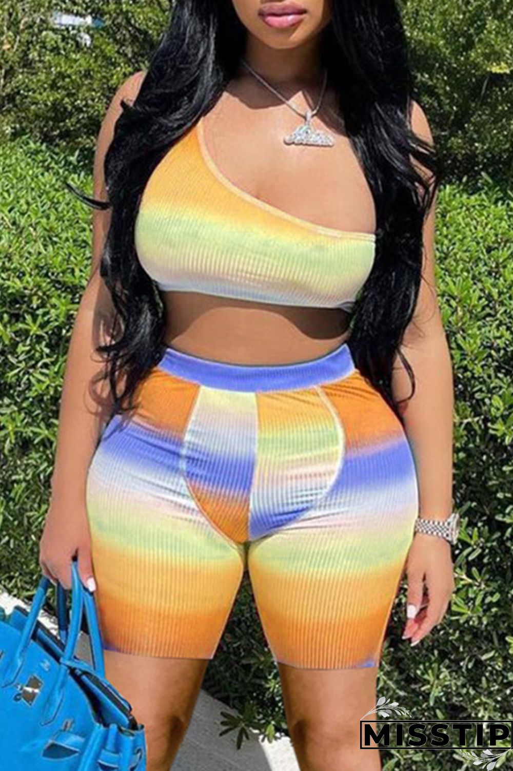 Yellow Sexy Casual Print Basic One Shoulder Sleeveless Two Pieces