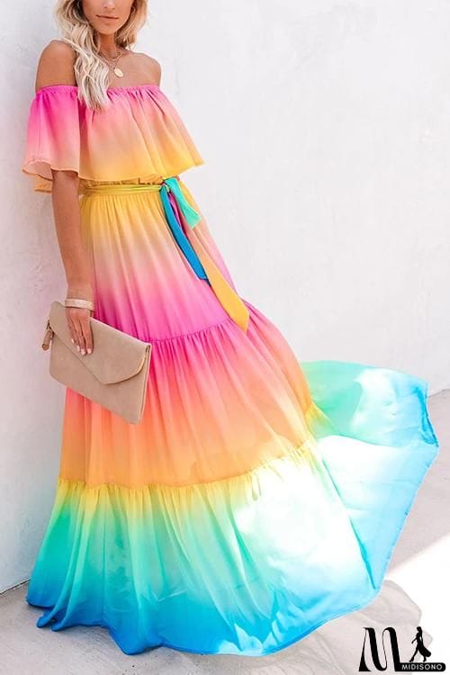 MidiSono - Gradient Off Shoulder Belted Maxi Dress