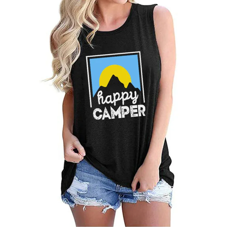 Ladies Vest Happy Camper Printed Round Neck Sleeveless T-Shirt