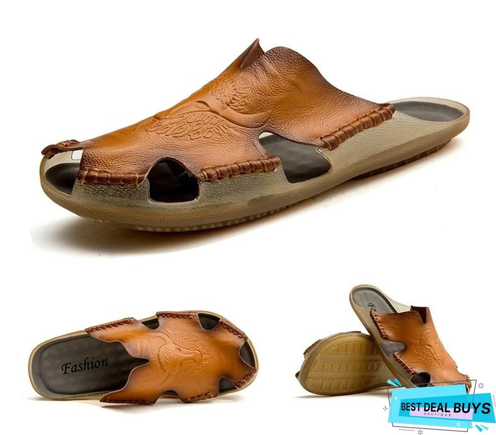 Men's Genuine Leather Non-Slip Sandal Shoes Breathable Beach Flip Flops Shoes