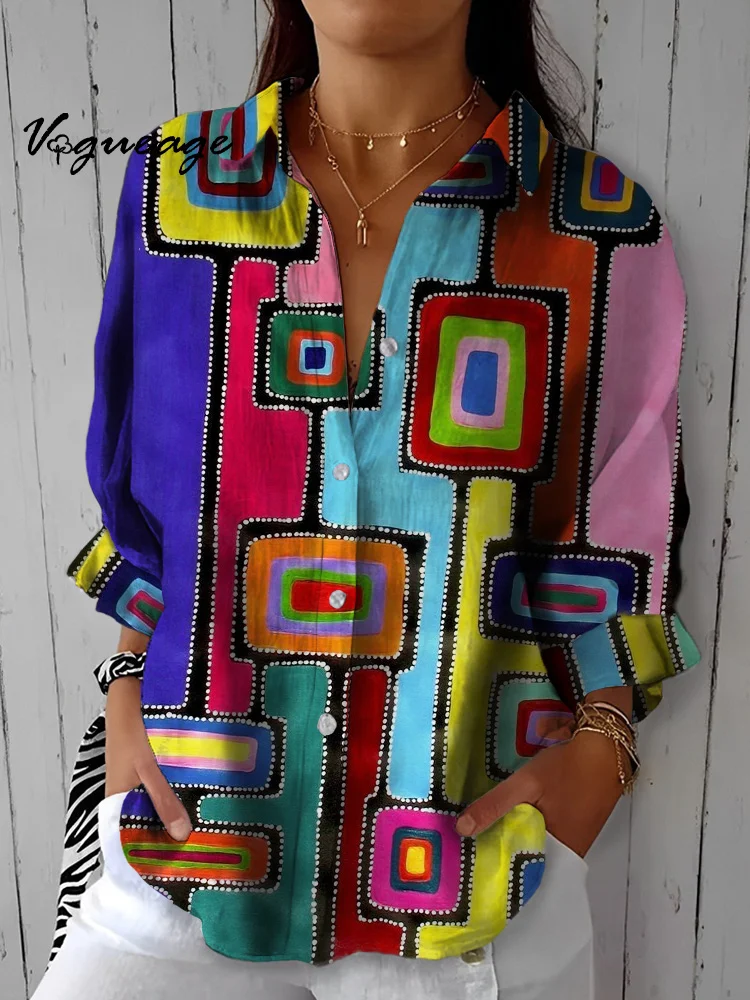 Fashion Black And White Blocks Printed Cotton And Linen Shirt