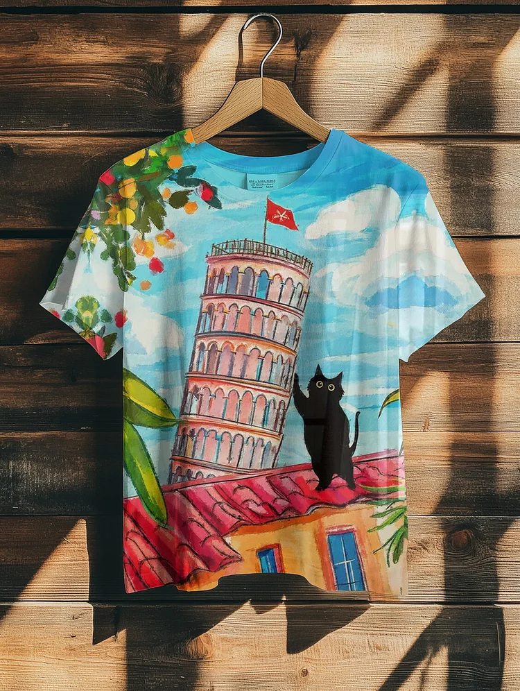 Women's Fun Black Cat Tower Illustration Print Casual T-Shirt