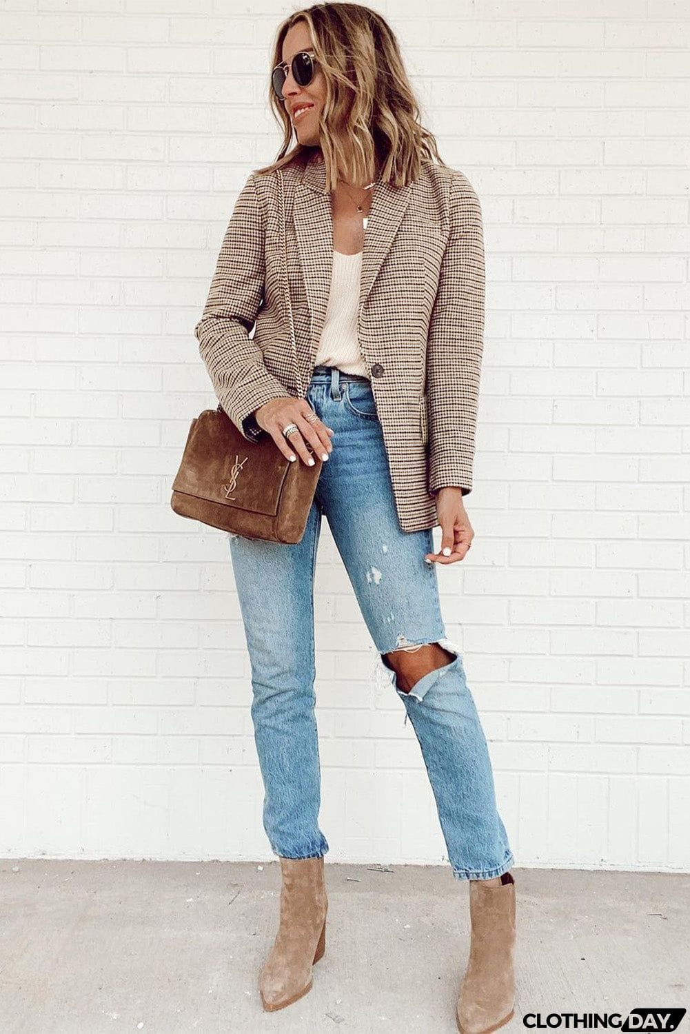 Plaid Print Lapel Collar Buttoned Blazer