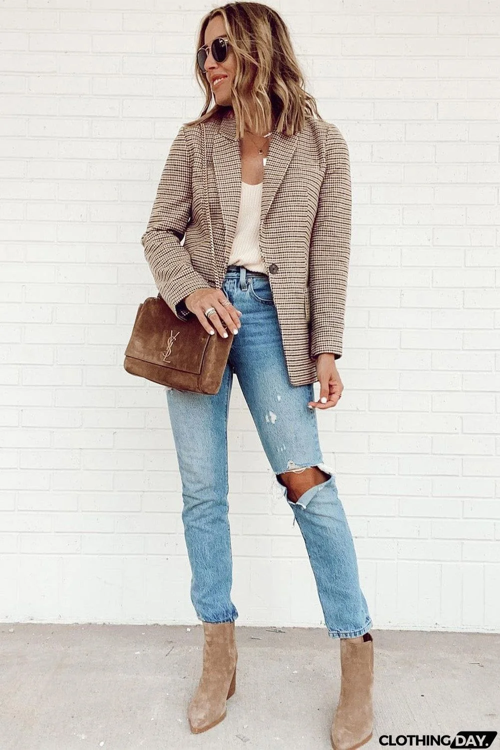 Plaid Print Lapel Collar Buttoned Blazer