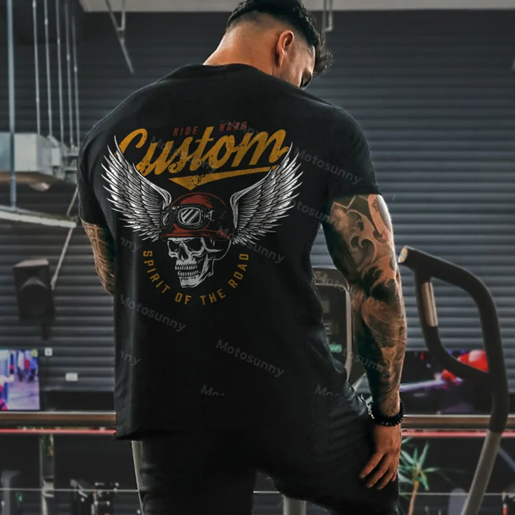 MOTOSUNNY CUSTOM SPIRIT OF THE ROAD Skull with Winged Helmet Black Print T-shirt beef