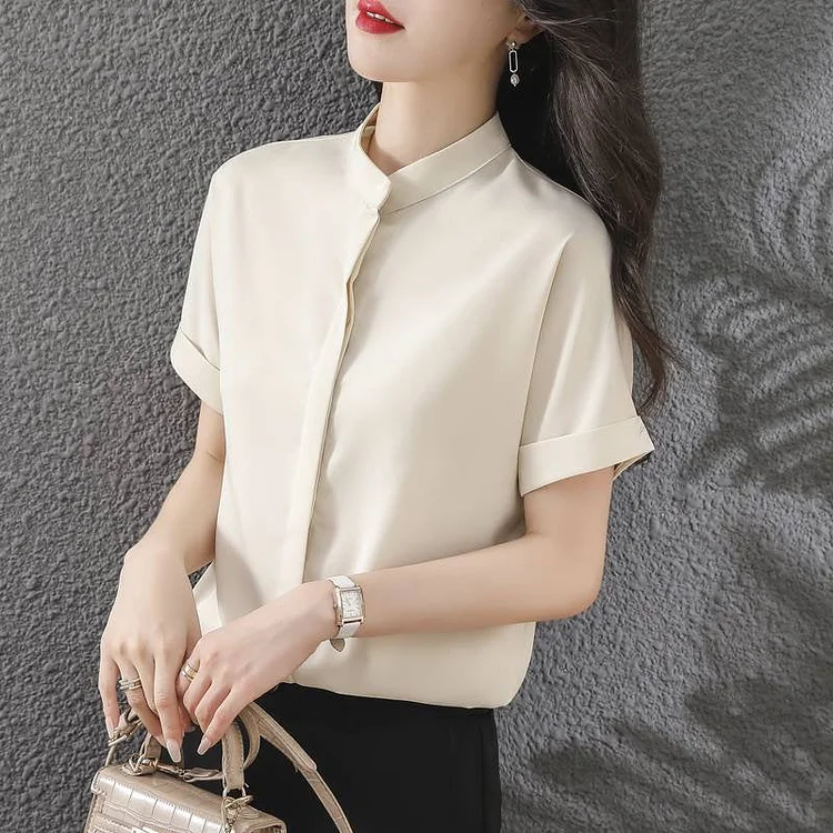 Beige Shift Plain Short Sleeve Shirts QueenFunky