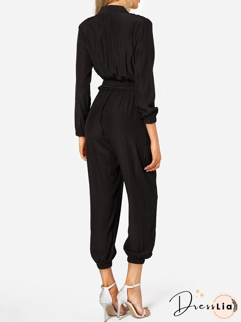 Solid Color Knotted Waistband Long Sleeve Casual Jumpsuit for Women