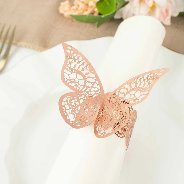 12 Pack Metallic Rose Gold Foil Laser Cut Butterfly Paper Napkin Rings, Chair Sash Bows, Serviette Holders