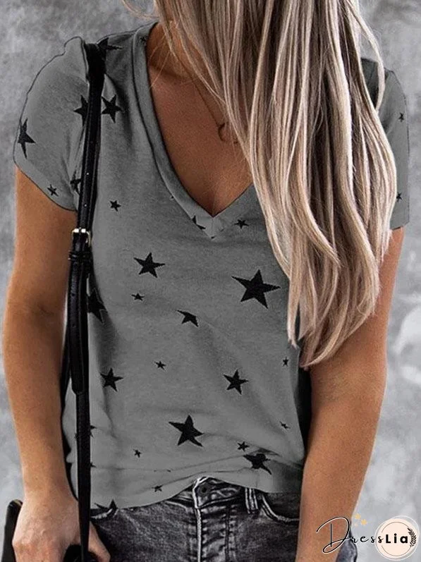V-neck Star Print Short-sleeved T-shirt - Drop Shoulder