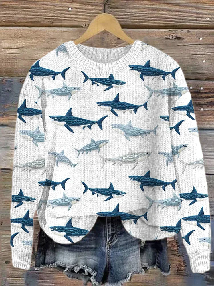 Shark Embroidery Art Cozy Knit Sweater