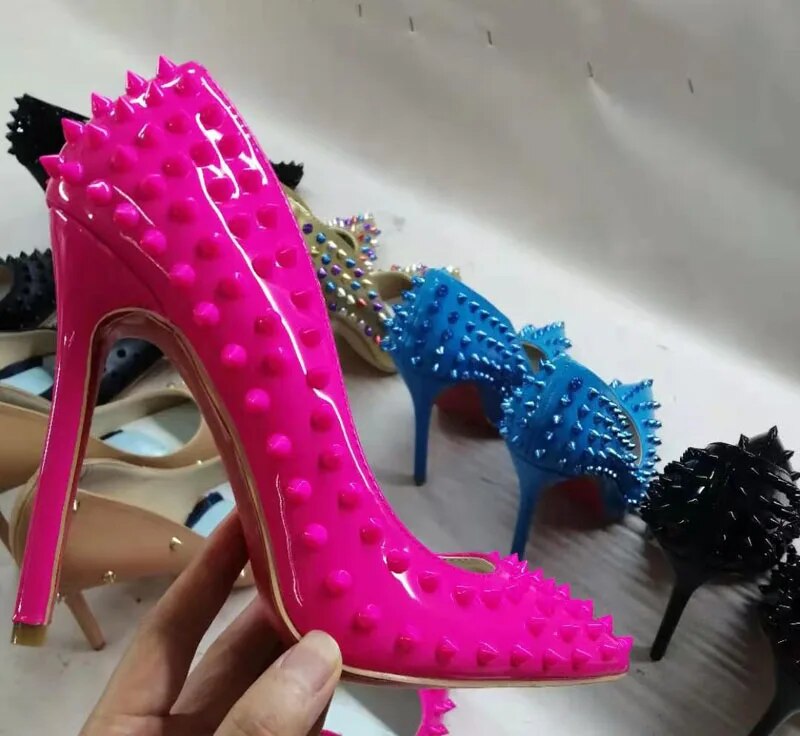 VCSHOES Full Rivets Studded Pumps Rose Colors Metal Spikes High Heels Female Shoes Evening Patent Leather Pointed Toe Pumps