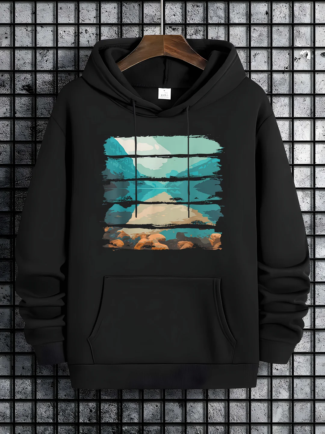 Shan Women's Plus Size Sporty Graphic Print Sweatshirt - Black With Green Abstract Mountain Design, Long Sleeve Round Neck Pullover, Machine Washable For Casual & Team Building Activitie