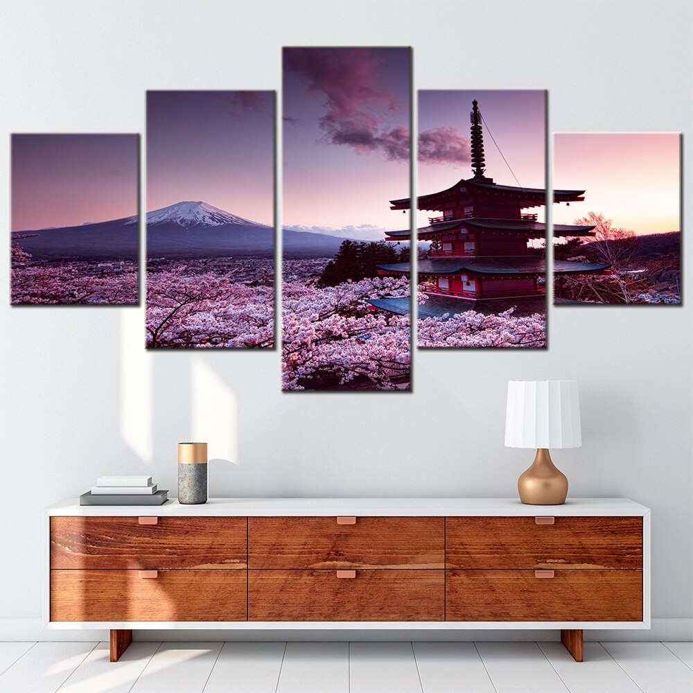 5 Pieces Wall Art Canvas Set Churei Tower Mount Fuji Picture Modular Canvas Painting for Bedroom Decoration Aesthetic Room Decor