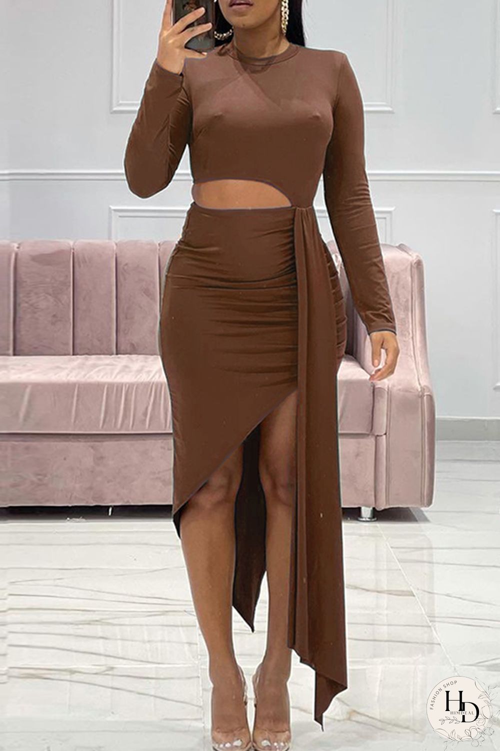 Brown Fashion Sexy Solid Hollowed Out O Neck Long Sleeve Irregular Dress