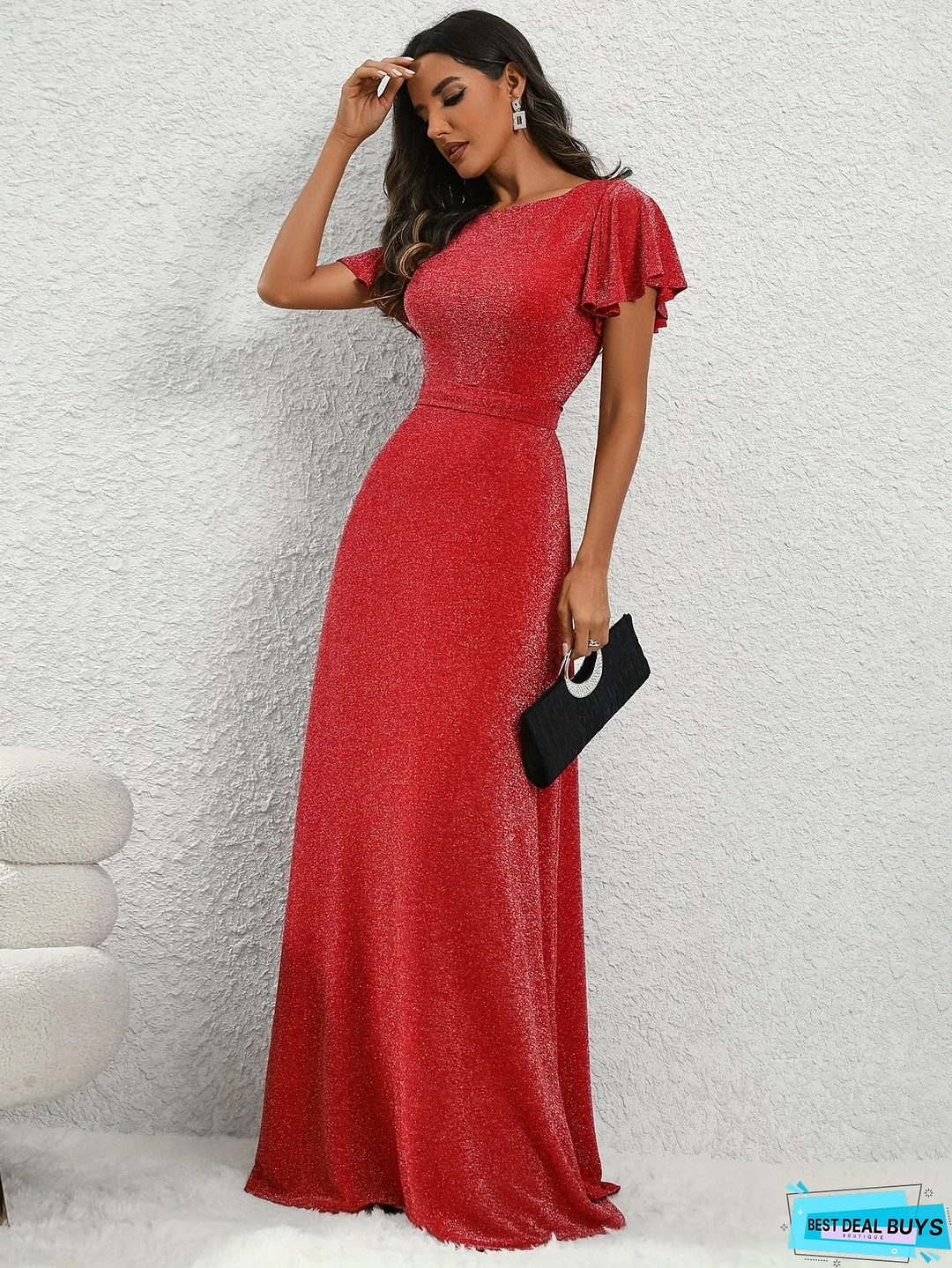 Flutter Sleeve Floor Length A-line Dress, Elegant Crew Neck Tie-waist Dress For Party & Banquet, Women's Clothing