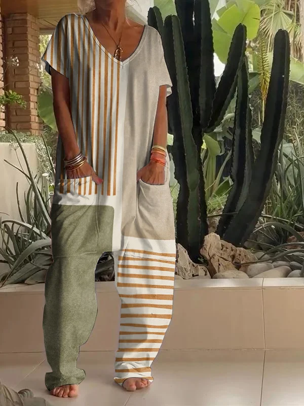 Casual Abstract Geometric Print V Neck Loose Jumpsuit