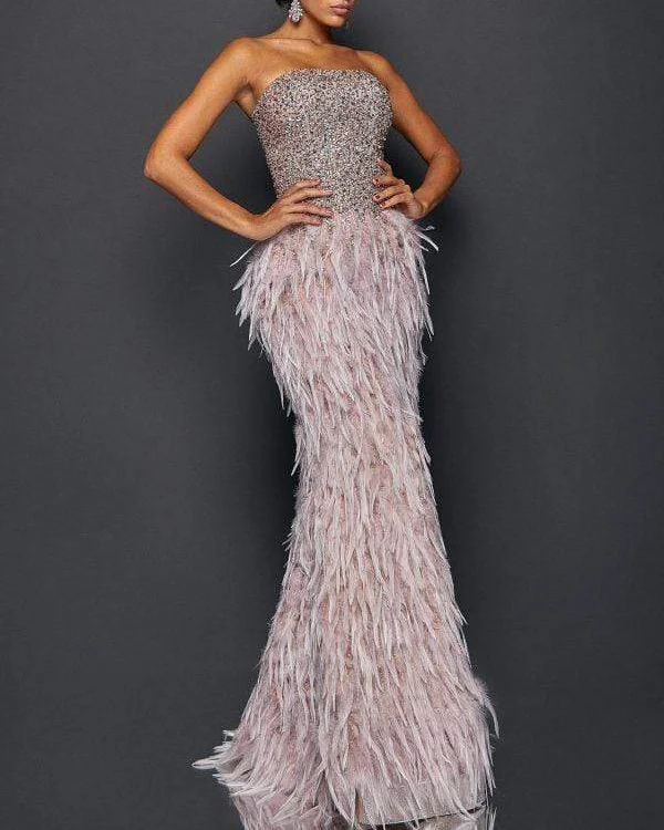 Gown diamond feather maxi dress tube top - 01