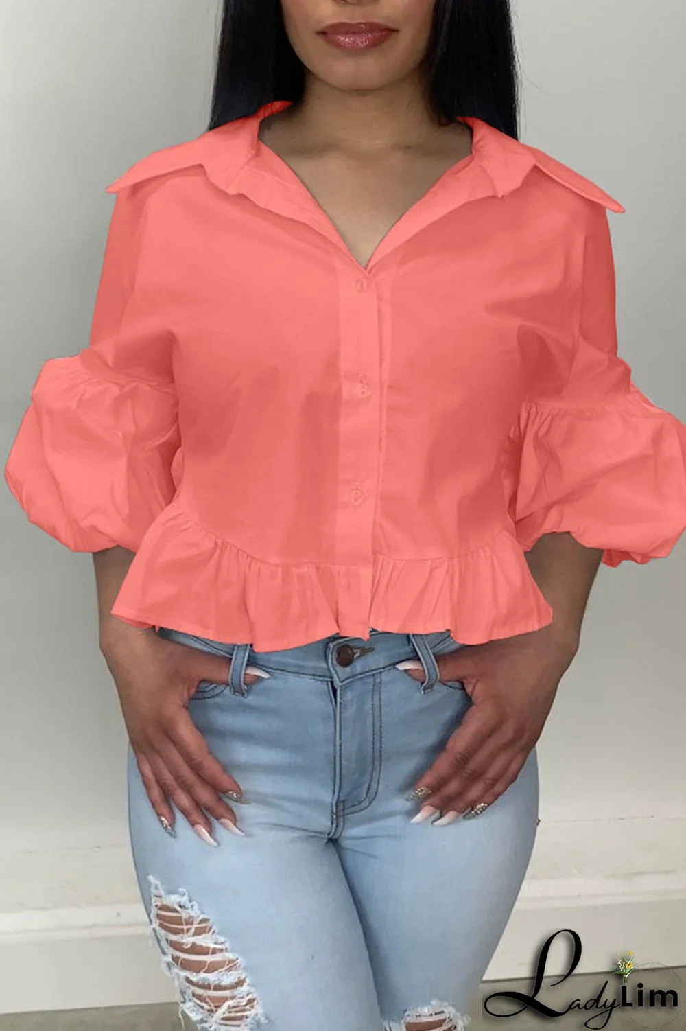 White Casual Solid Split Joint Buckle Turndown Collar Tops