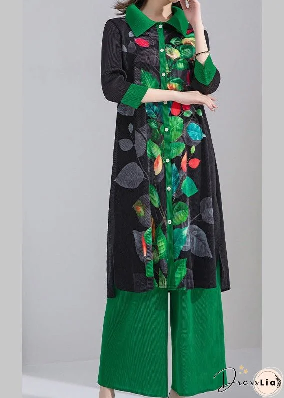 Plus Size Black Peter Pan Collar Print Patchwork Button Shirts And Wide Leg Pants Two Piece Set Spring