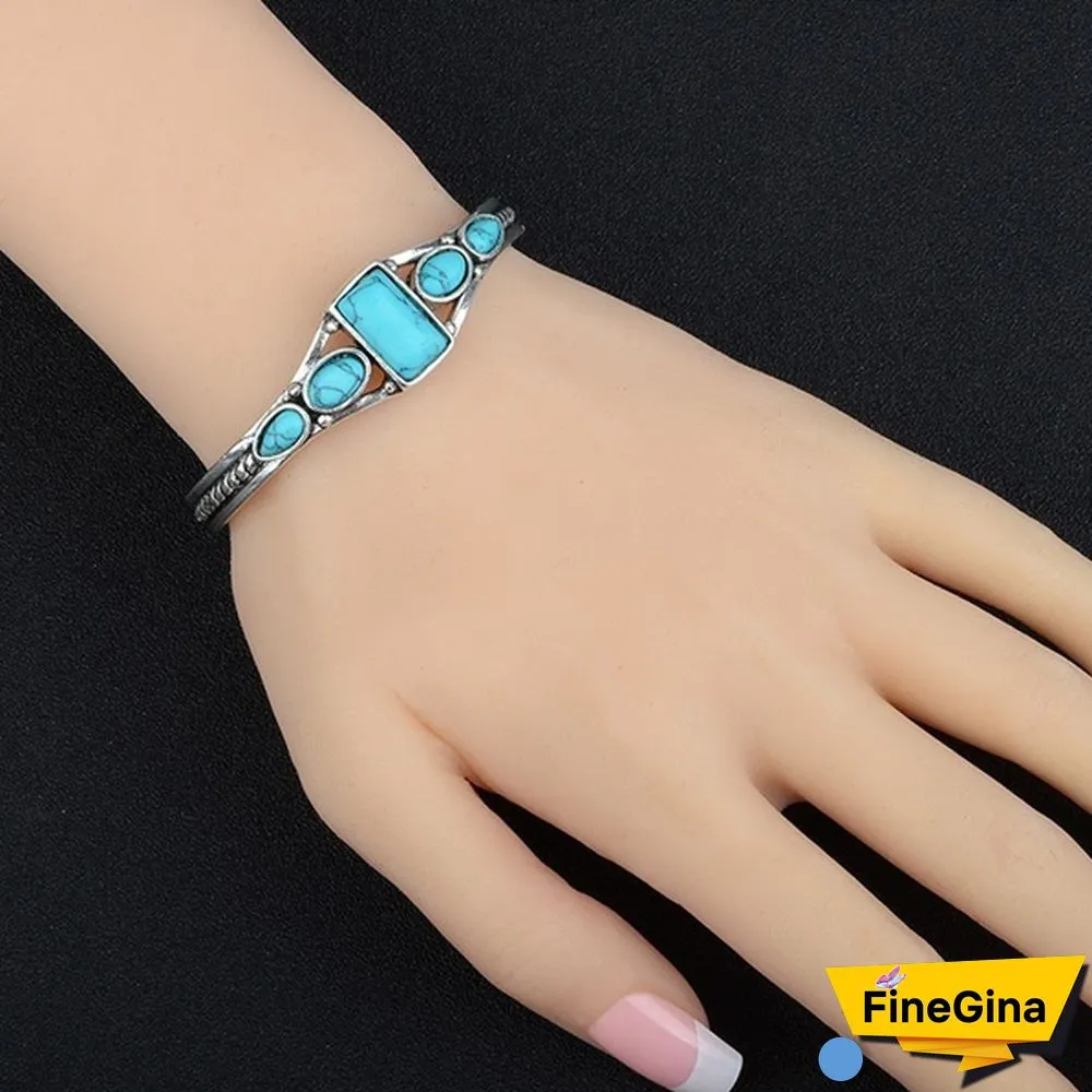 Women Vintage Jewelry 925 Soild Sterling Silver Natural Gemstone Turquoise Bracelet Adjustable Wedding Engagement Jewelry
