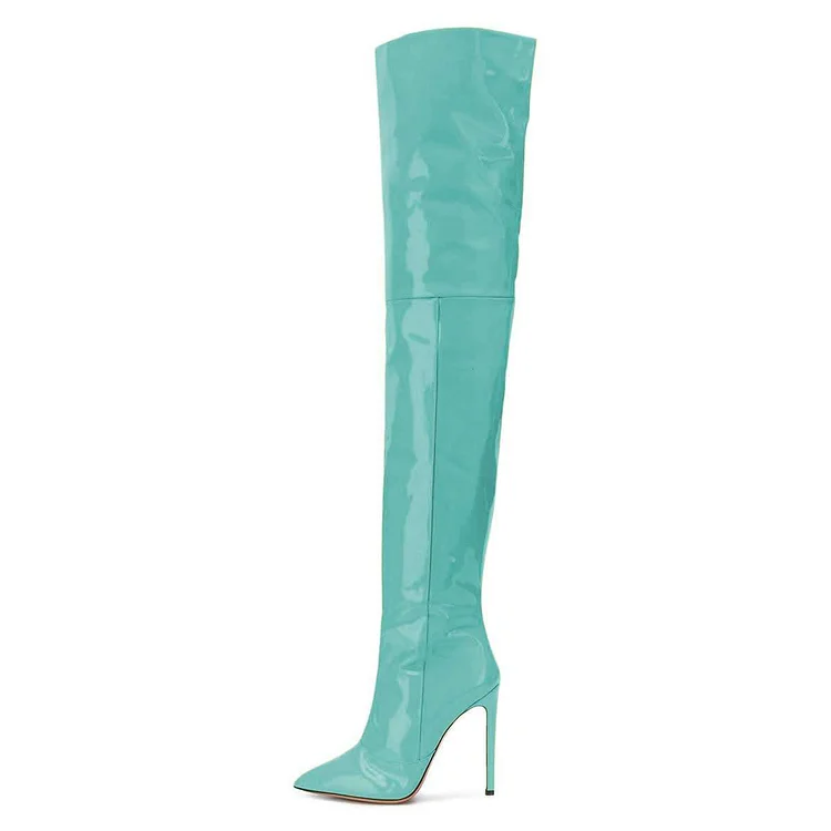 Cyan Patent Leather Thigh High Heel Boots |FSJ Shoes