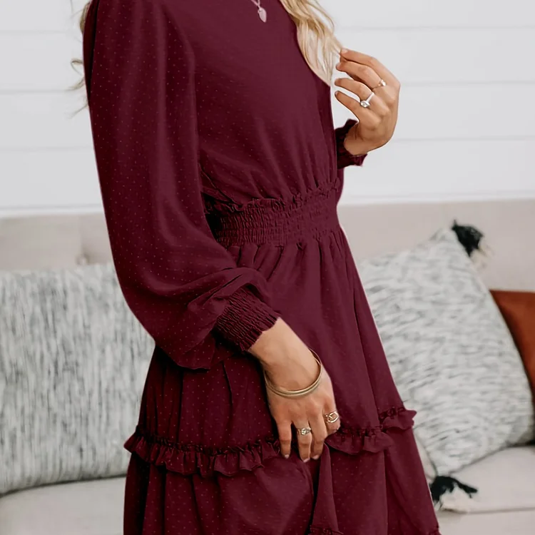 Lettuce Trim Solid Dress, Casual Lantern Sleeve Shirred Waist Dress, Women's Clothing