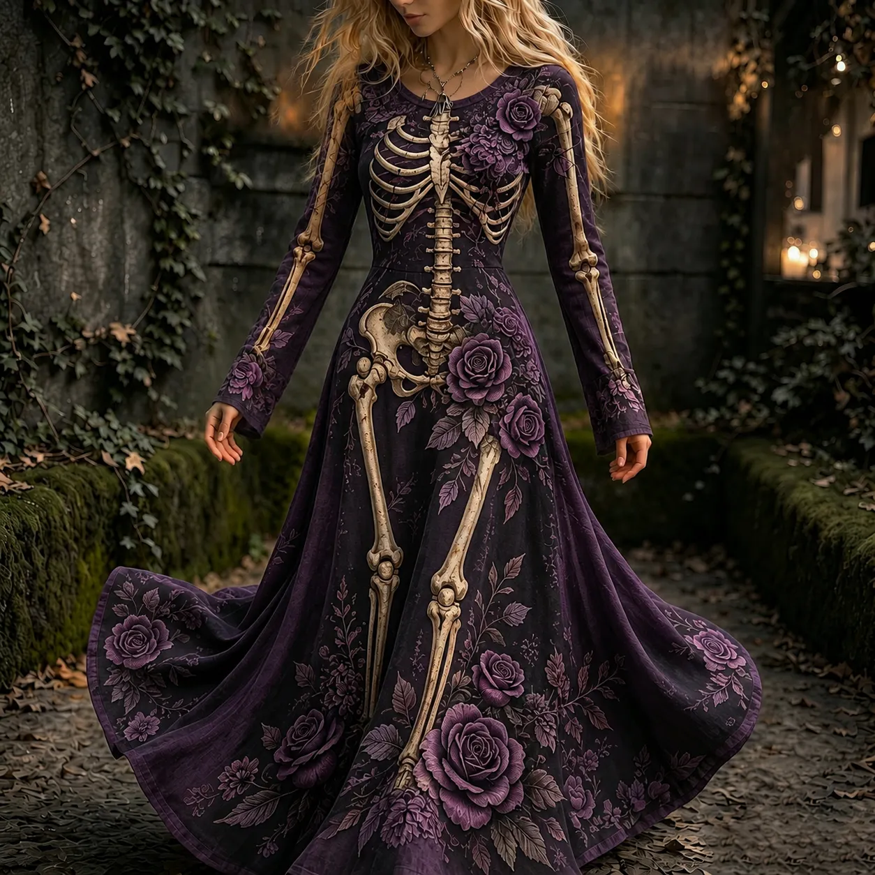 Women's Retro Halloween Gothic Skeleton And Purple Rose Flowers Pattern Print Maxi Dress artswardrobe