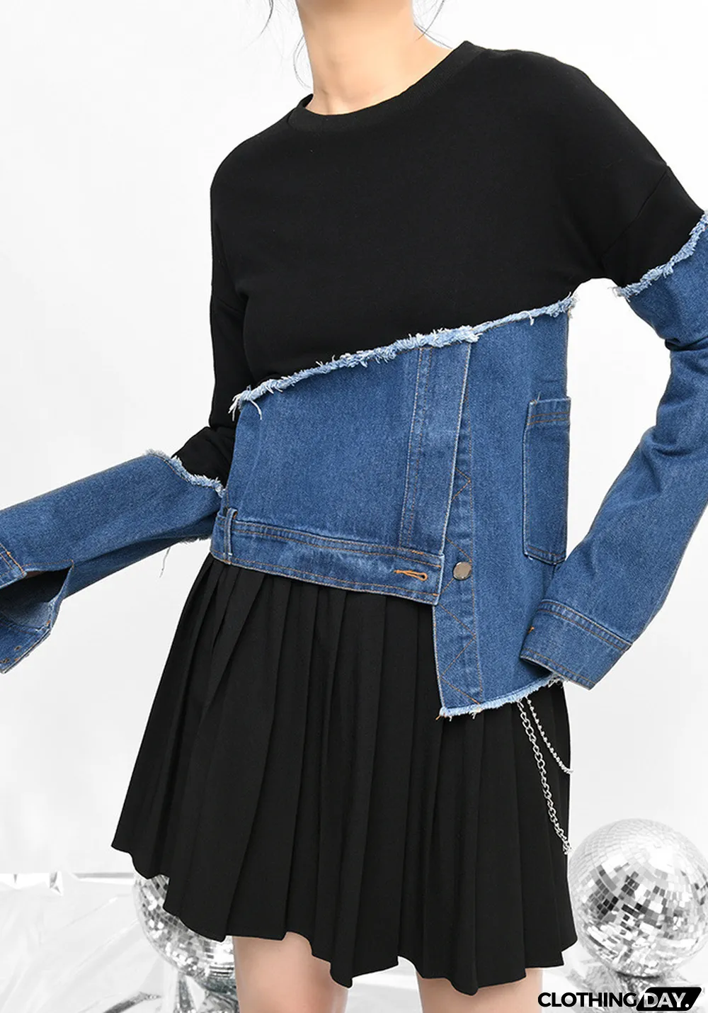 Women Loose Asymmetrical Denim Patchwork Contrast Casual Top