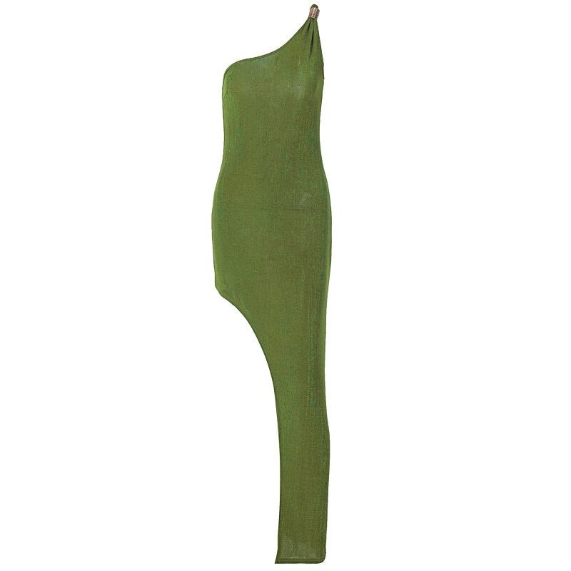 Hugcitar Solid Bodycon One Shoulder Backless Sleeveless Maxi Slit Prom Dress 2022 Sexy Slim Elegant Outfit Y2K Party Wear