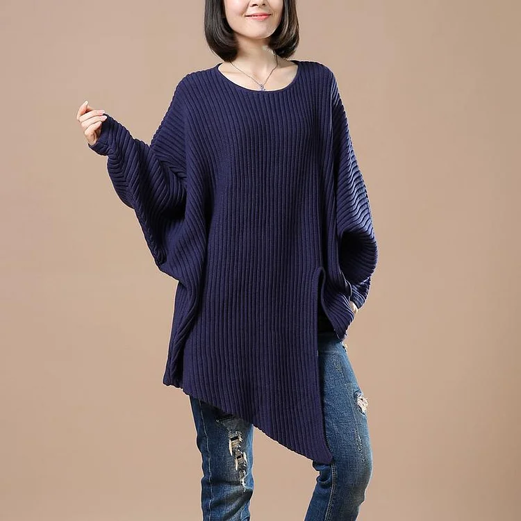 Navy woman sweaters open hem knitted blouse