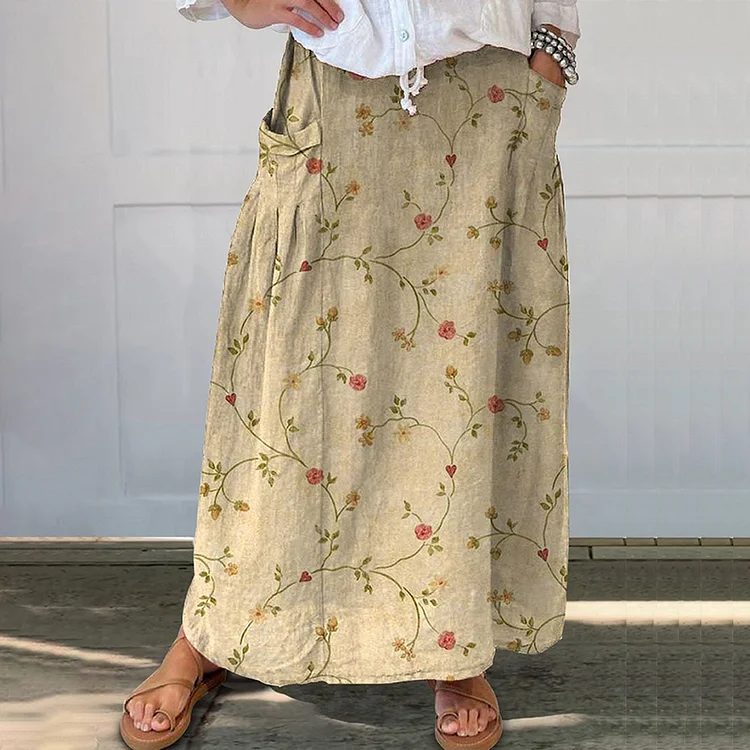 VChics Vintage Floral Art Print Linen Blend Pocket Casual Skirt