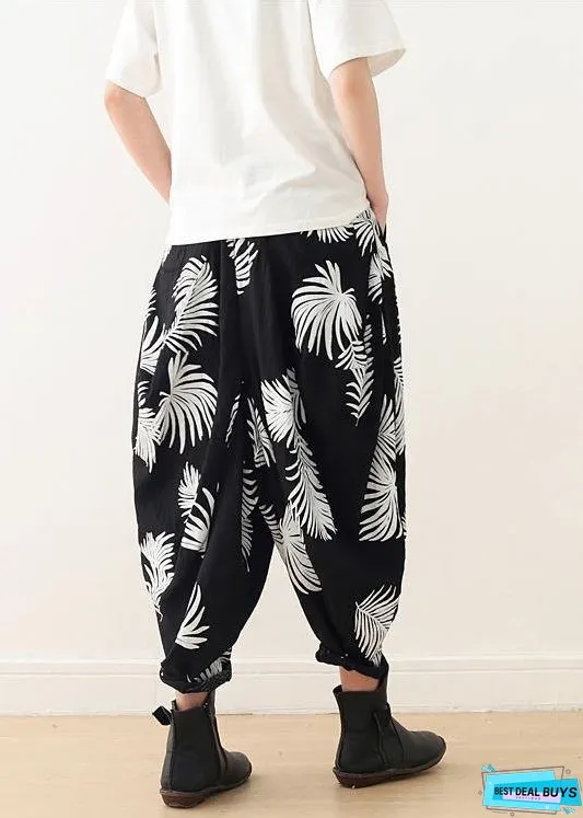 Women White Print Elastic Waist Cotton Pants