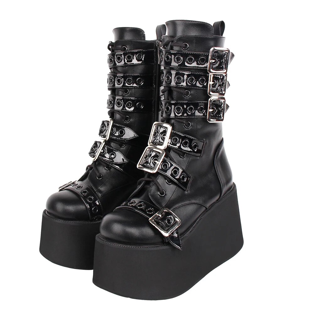 TAAFO Women Motorcycle Cool Punk Boots Lady Dark Style Shoes Woman Gothic High Heels Pumps Straps Plus Size 