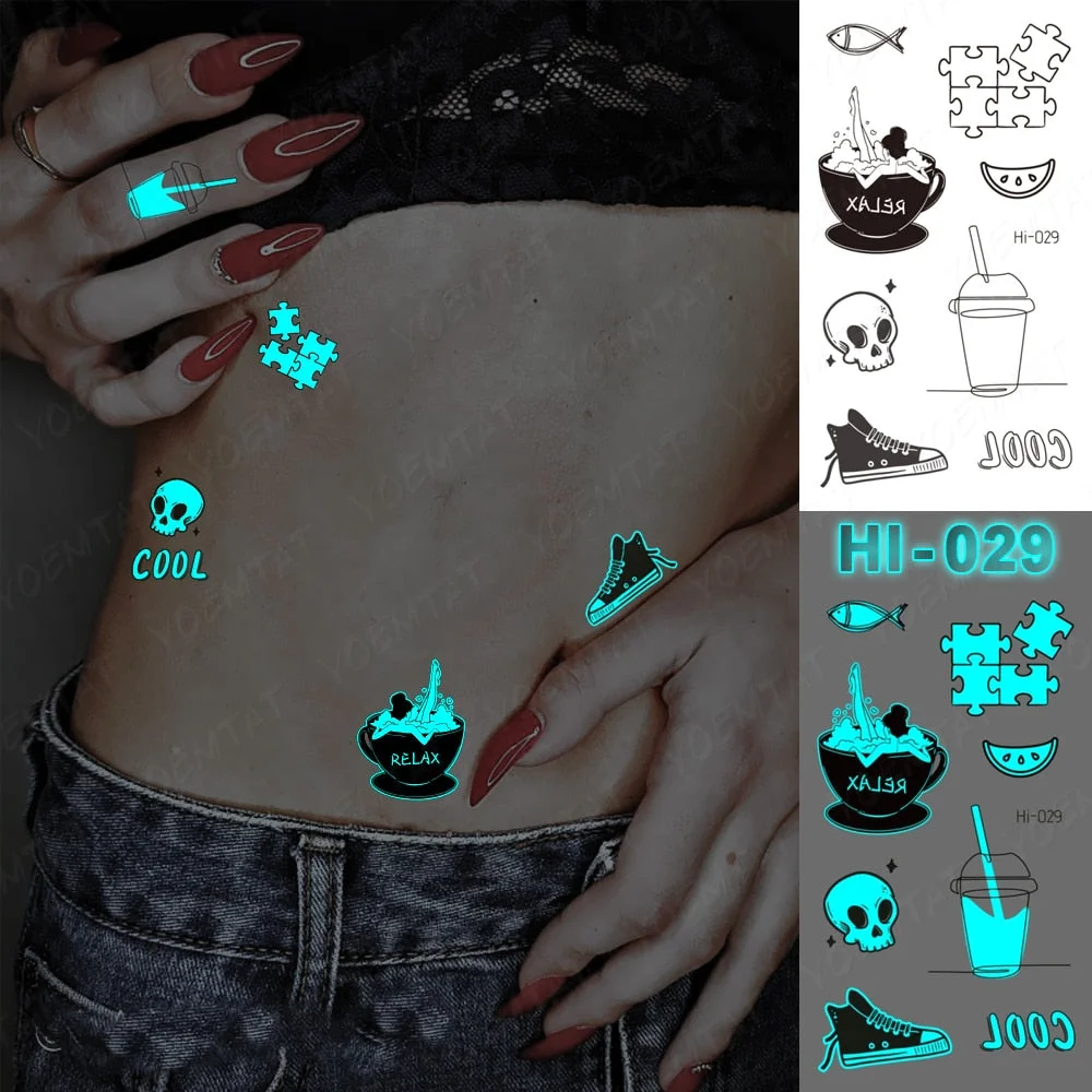 Blue Luminous Glow Tattoo Sticker Mountain Moon Waterproof Temporary Tatoo Nature Forest Sea Fake Tatto For Body Art Women Men