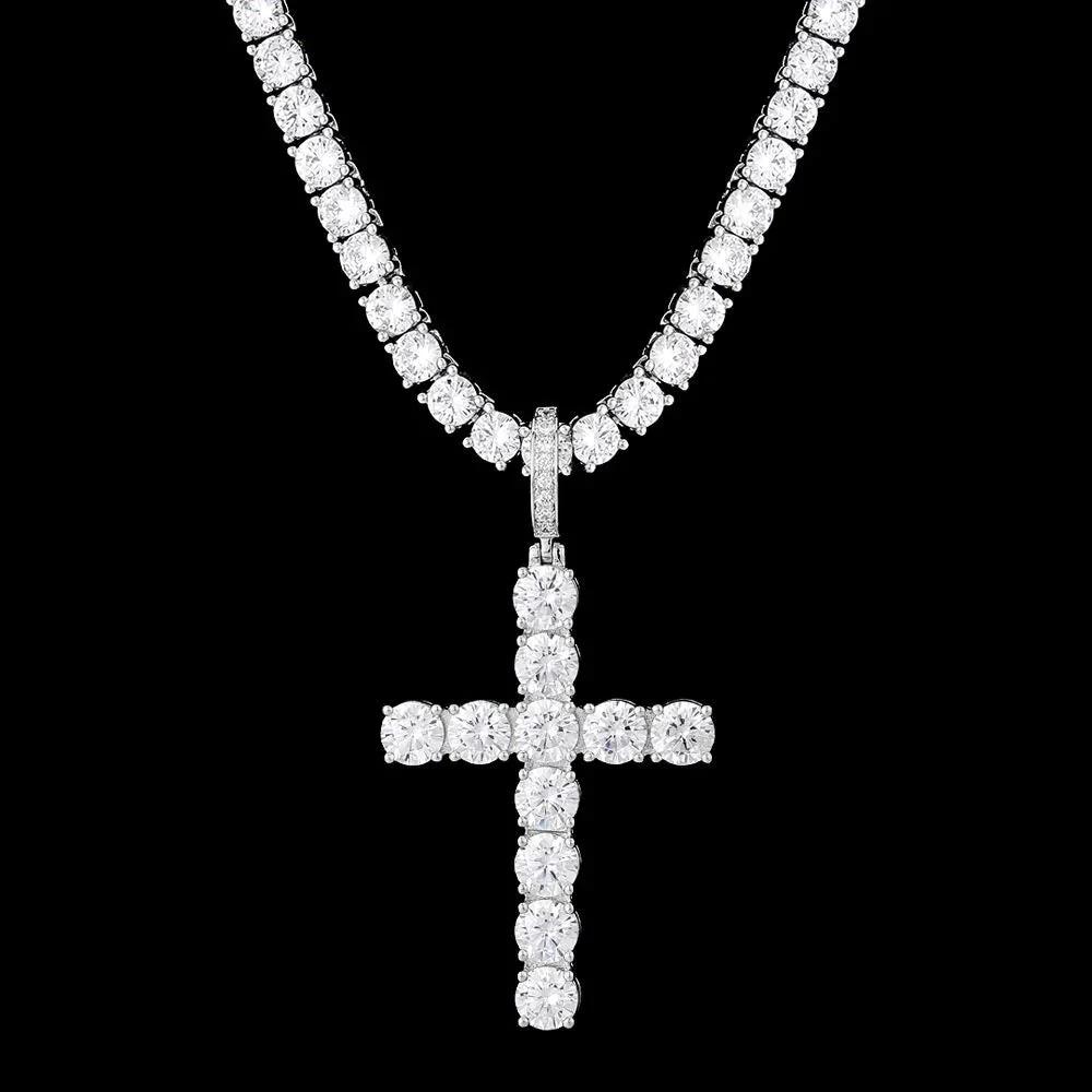 4mm CZ Diamond Mens Tennis Chain Necklace with Iced Out Cross Pendant in White Gold