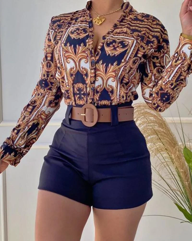 Casual Two Piece Printed Long Sleeve Shirt & Solid Shorts