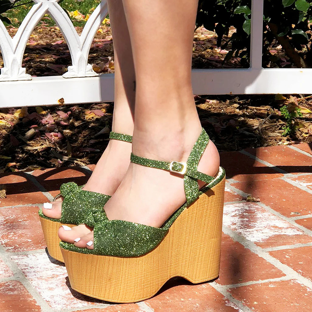 Green Glitter Knot Wedge Heel Buckle Ankle Strap Platform Sandals Nicepairs