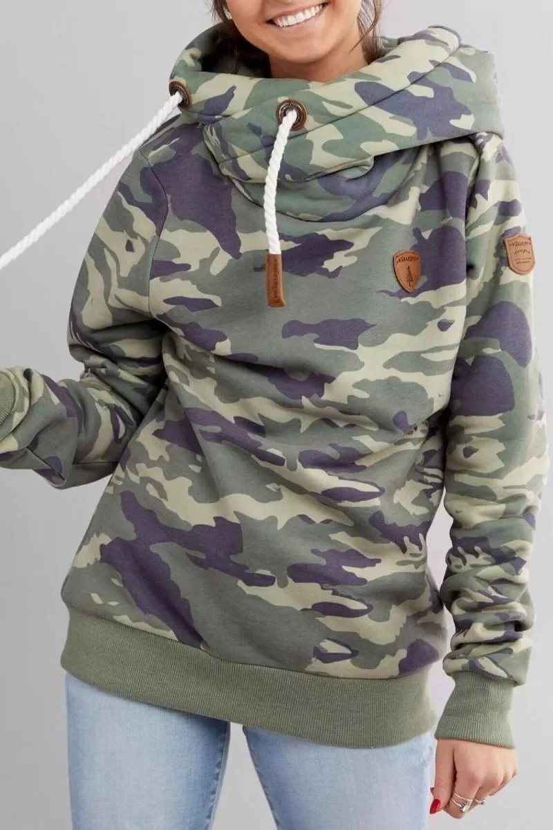 Abebey Camouflage Loose Hooded Sweatshirt Tops