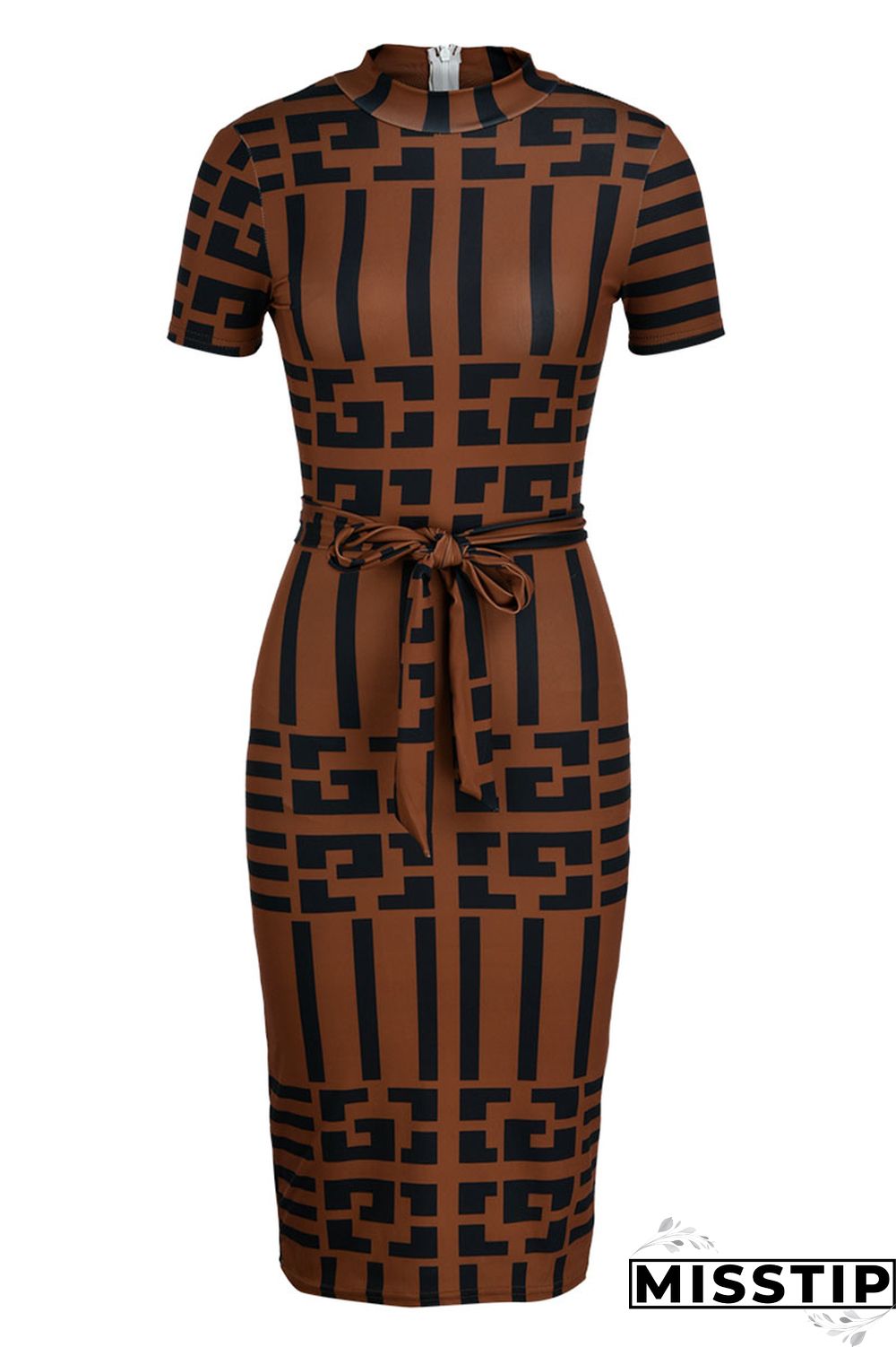 Brown Fashion Casual Print With Belt Turtleneck Short Sleeve Dress Dresses
