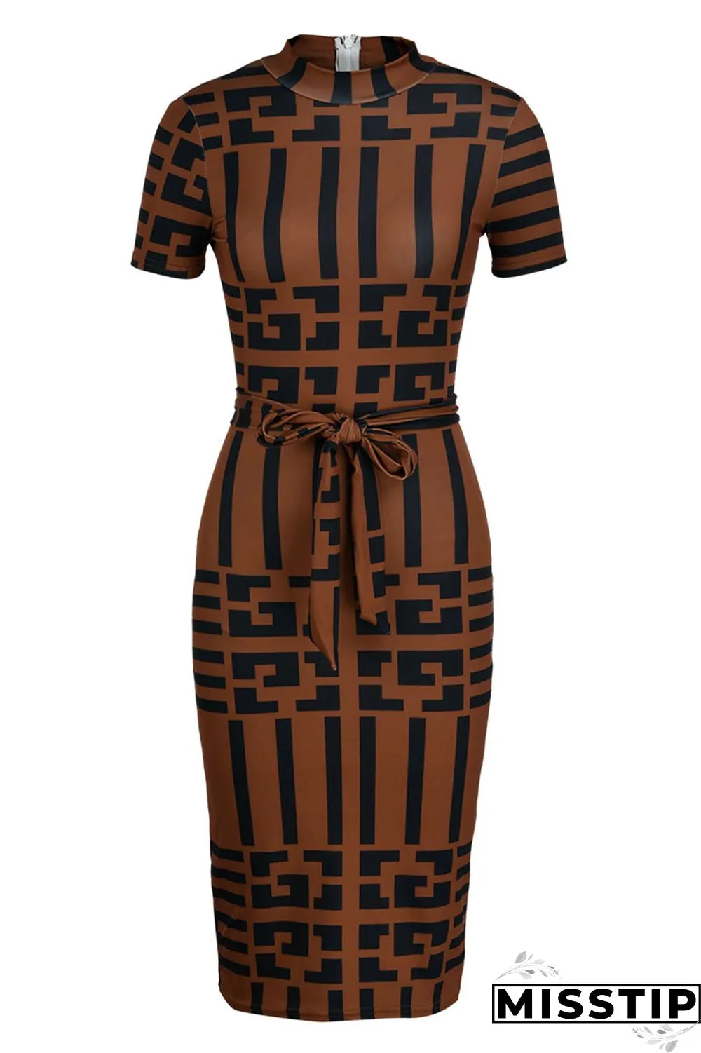 Brown Fashion Casual Print With Belt Turtleneck Short Sleeve Dress Dresses