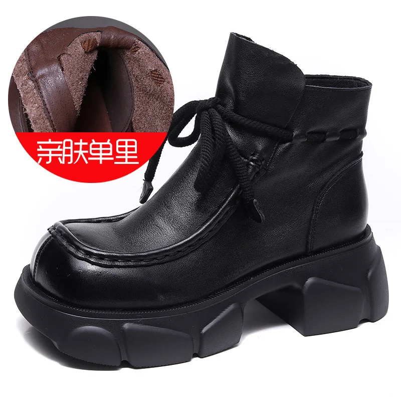 Yyvonne Head-Level Kraft Handmade Pine Cake Boots Women Autumn And Winter New Naked Boots Thick And Square Head Martin Boots