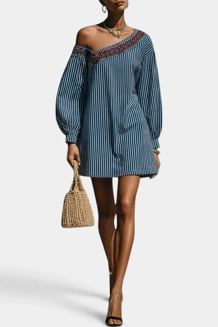 Asymmetric Striped Mini Dress with Puffed Sleeves