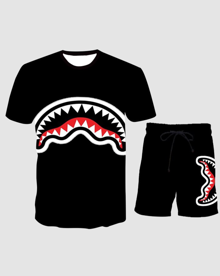 Bape Shark Suits Mouth Print Round Neck T-shirts Short Drawstring Pants 