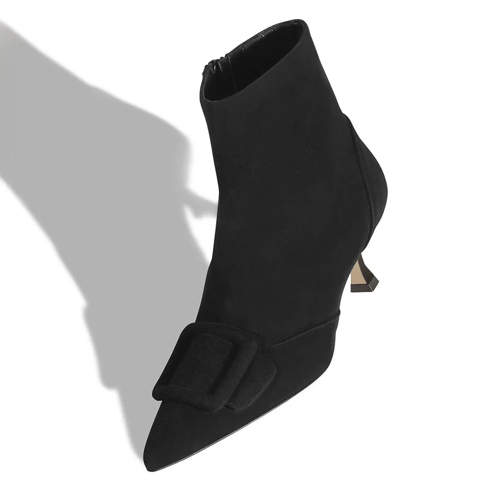 Black Vegan Suede Pointed Toe Kitten Heel Buckle Short Boots for Women