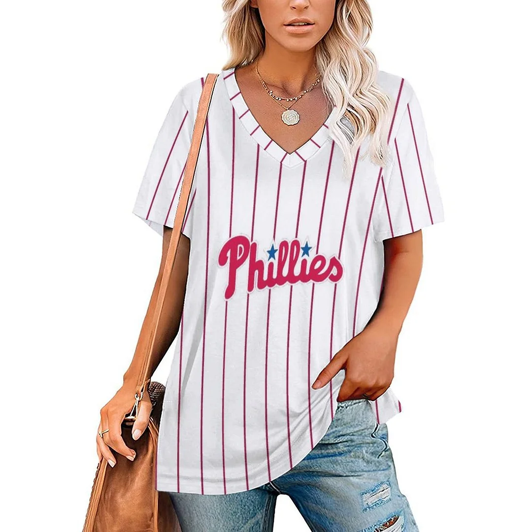 V-neck Short Sleeve Casual T-shirt for  Women Printed with Pattern Striped, Red, White