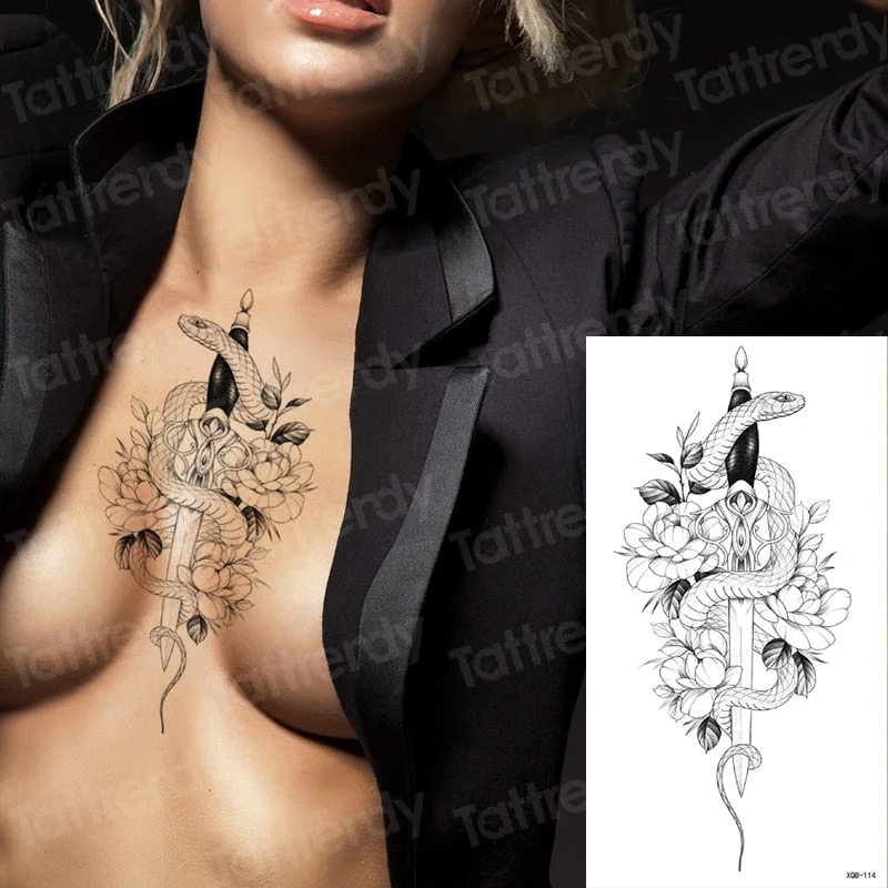 Snake Flower Rose Waterproof Temporary Tattoo Sticker Flash Tattoo Lace Fox Lion Body paint Arm Fake Sleeve Tattoo Women Mermaid
