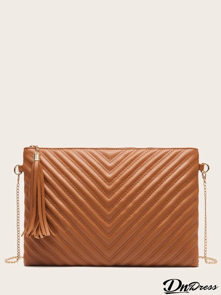 Tassel Decor Chevron Chain Square Bag