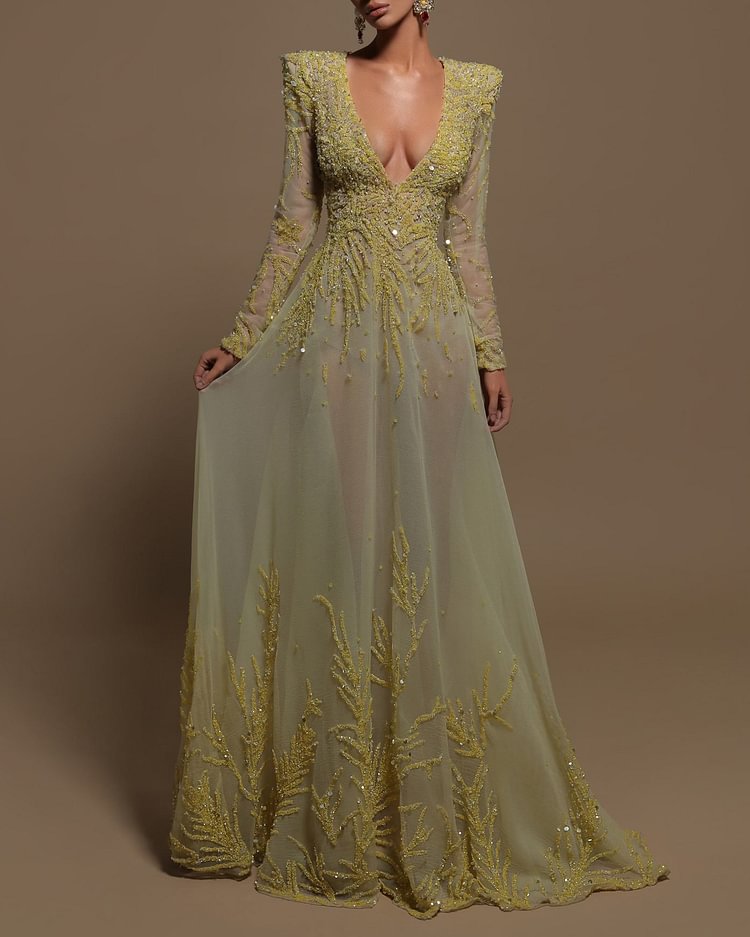Beaded Sequined Long Sleeve Dress