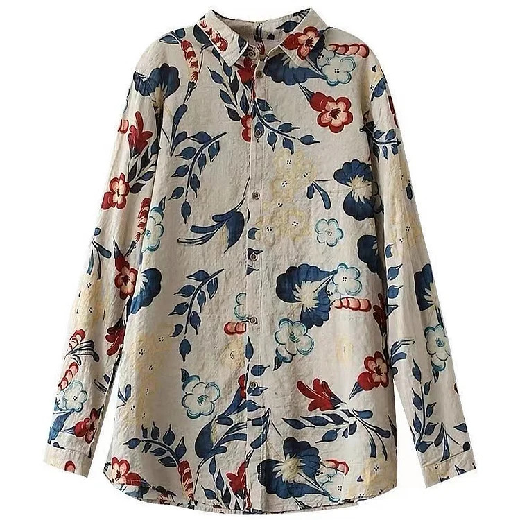 Vintage Printed Cotton Linen Long Sleeve Shirt